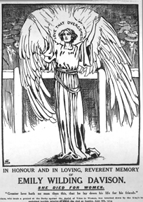 Representation of Emily Davidson with angel wings wearing a halo labeled ?love that overcometh.?
