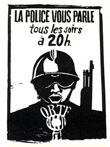 Black and white image of Authoritarian police figure speaking into a French state-owned television station microphone.