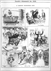 Six political cartoons with various cabinet ministers being harassed by suffragettes.