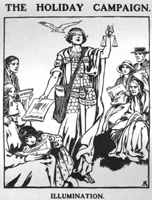 Warrior suffragette holding scales of justice surrounded by seven ordinary citizens.  A white dove flies above the suffragette?s right shoulder.