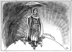 Warrior suffragette standing on the world with equality represented as the sun rising on the right.