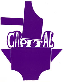 The word 'capital' being smashed between a hammer and an anvil. Entire image is colored purple.