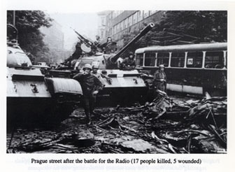 A group of Russian soldiers and two tanks outside Prague's Radio station.