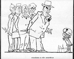Cartoon of five figures, the leaders of the Warsaw Pact countries, holding knives and ready to attack a small girl representing Chzechoslovakia.