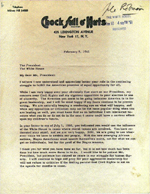 Page 1 of original document of Jackie Robinson's letter to President Kennedy in Feb. 1961. Document parchment is colored tan and contains a black company logo entited 'Chock Full O' Nuts' at the top of the document.