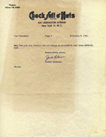 Page 2 of original document of Jackie Robinson's letter to President Kennedy in Feb. 1961. Document parchment is colored tan and contains a black company logo entited 'Chock Full O' Nuts' at the top of the document.