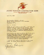 Original document of Jackie Robinson's letter to the White House in April 1972. The Document parchment is tan, with a red company logo entitled 'Jackie Robinson Construction' at the top.